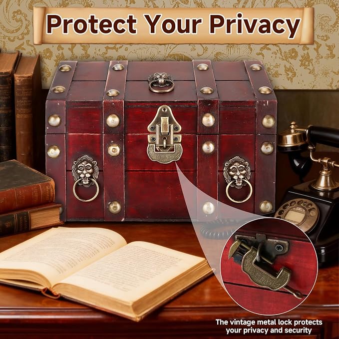 Large Vintage Wooden Treasure Chest Antique Box with Metal Lock | Wood Jewelry Box Storage Decorative Boxes Handmade Rectangle Organizer for Women Ring Necklace Earring Coins Collectibles