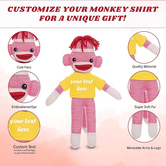 Huggable Pink Sock Monkey 8 Inch, Plush Stuffed Animal Personalized Gift-Custom Text on Shirt-Perfect for Halloween Day, Valentine's Day, Graduation Day, or Birthday Present (Yellow)