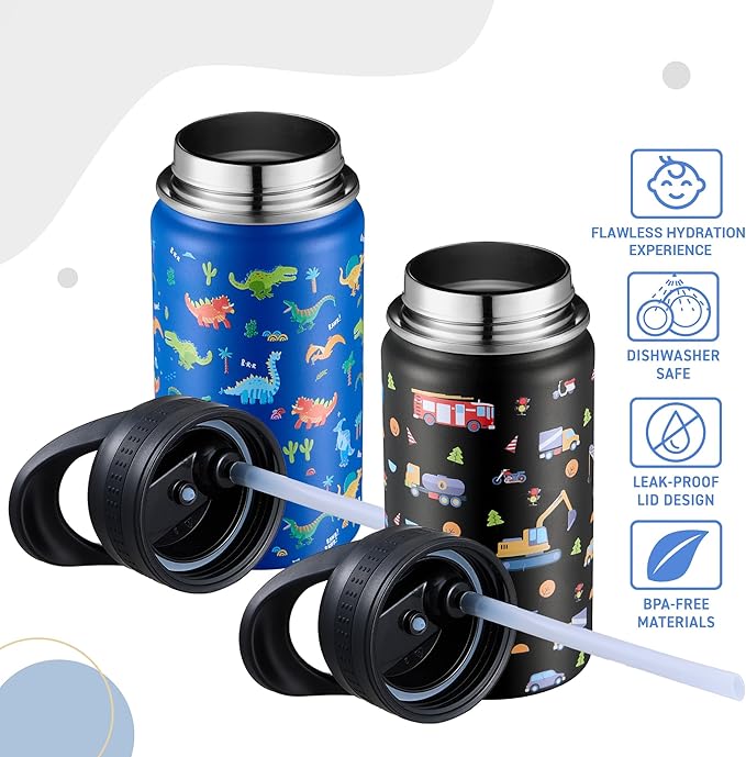 2 Pack Kids Water Bottle,14oz Stainless Steel Insulated Water Tumbler Leak-Proof,School Water Mug,Small and Portable,Suitable for Boys and Girls to Use(Black car + Blue dinosaur)