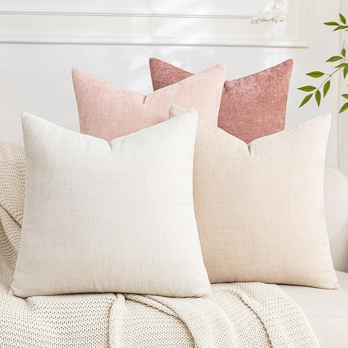 Set of 4 Soft Textured Decorative Throw Pillow Covers 18x18 Inch Cozy Farmhouse Cushion Cover Square Accent Pillow Cases for Bed Couch Sofa Living Room, White Beige Pink
