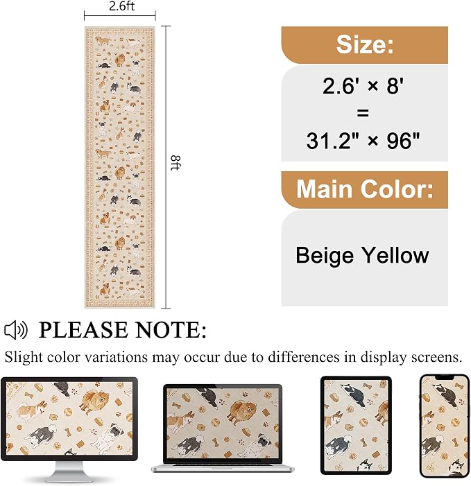DUKINO 2.6x8 Kitchen Runner Rug, Washable Non Slip Dog Rug, Beige Yellow | Soft, Stain Resistant, Low Pile, Non-Shedding Animal Carpet Runner for Hallway Entryway Bathroom Laundry, Kid & Pet Friendly