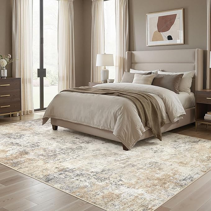 UERMEI 10x14 Washable Area Rug - Neutral Modern Abstract Living Room Rugs, Non-Slip Soft Large Indoor Floor Carpet for Bedroom Home Office & Under Dining Table Decor, Golden Grey