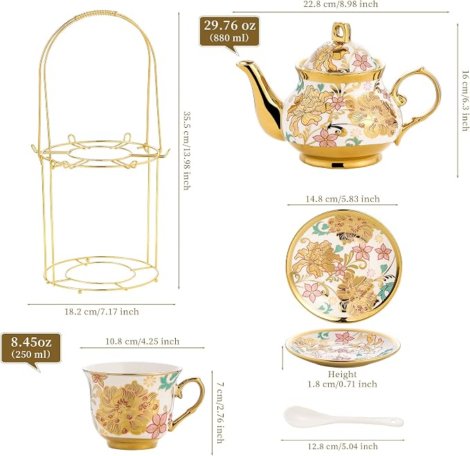 20 Pieces Porcelain Tea Set With Metal Holder, European Ceramic tea set for adults,Flower Tea Set,Tea Set For Women With Flower Painting
