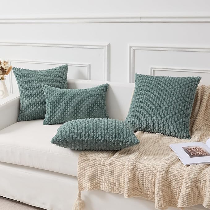 Kevin Textile Soft Corduroy 14"x20" Lumbar Pillow Cover 1 Pack, Teal Green | Boho Stripe Plush Corduroy Decorative Oblong Cushion Cover Modern Farmhouse Home Decor for Sofa Couch Bed Chair