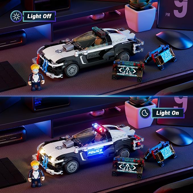FUNWHOLE Police Patrol Car Lighting Building-Bricks Set - Cyberpunk City Car Chase Playkit with Officer 372 Pcs STEM Toys
