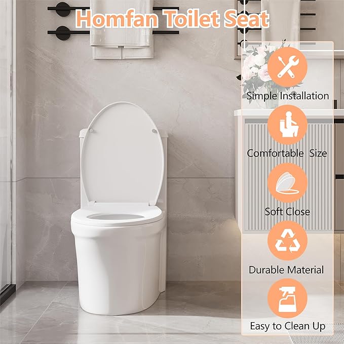 Round Toilet Seat Cover – PP Locking Hinge Toilet Seat with Flat Lid, White Slow Close Seat for Standard Round Toilets, Comfortable & Sturdy