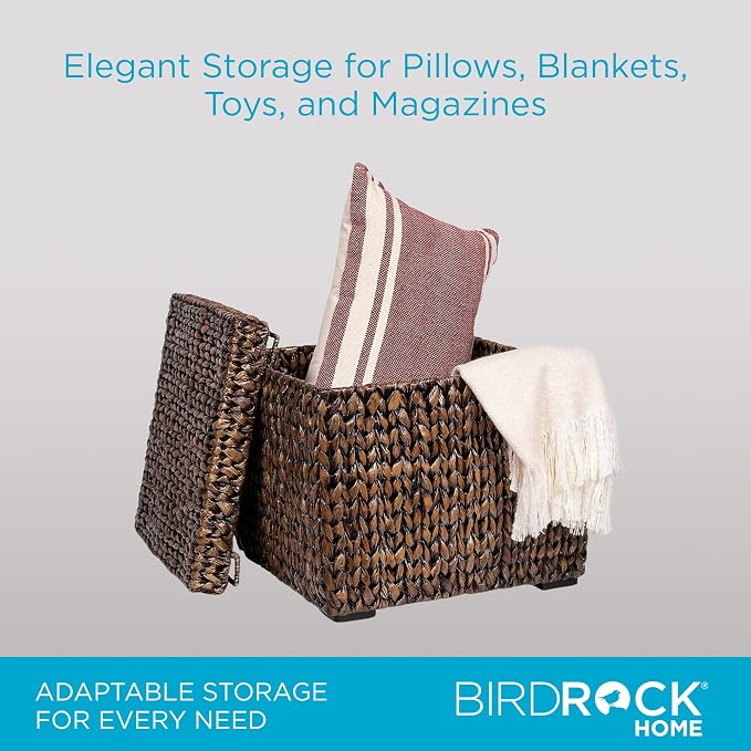 BIRDROCK HOME Storage Cube Box with Lid - Brown Wash Seagrass - Large Hand Woven Floor Container for Blankets Pillows - Sturdy Metal Frame