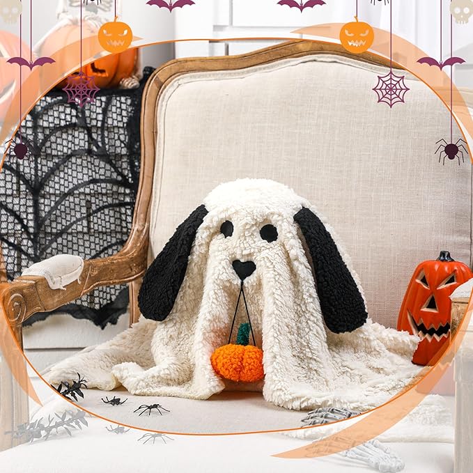 11.8 Inch Halloween Dog Ghost Shaped Throw Pillow with Pumpkin Toy Ghost Plush Pillow Cute Spooky Stuffed Animal Soft Halloween Party Decoration for Couch Sofa Home Decor
