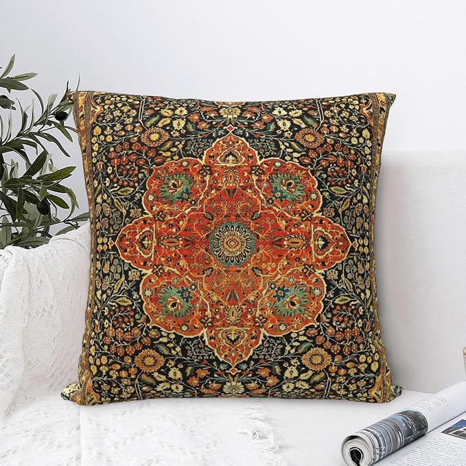 Antique Persian Mohtashem Kashan Rug Print Pillow Covers Decorative Square Throw Pillowcase 18x18 Inch Couch Cushion Cover for Home Decor Living Room Bedroom College Dorm Bed Car Sofa