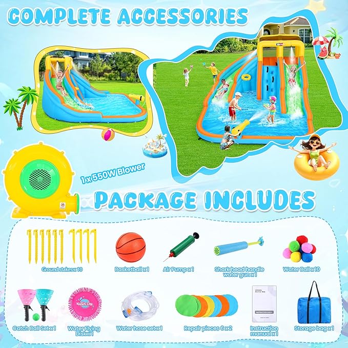 11x10.2 FT Inflatable Dual Water Slide w/Catch Ball Set, 11-in-1 Blow Up Waterpark w/2 Long Slides, Splash Pool, Climbing Wall, Basketball Rim, Water Cannon - 5 Water Toys & Inflatable Ball & Blower