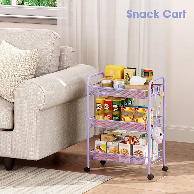 TOOLF 3 Tier Rolling Cart, Metal Utility Storage Cart with Wheels, Purple | 3 Hooks, Screwless Assembly, Trolley Organizer for Bathroom, Kitchen, Office, Nursery, Dorm, Laundry Room