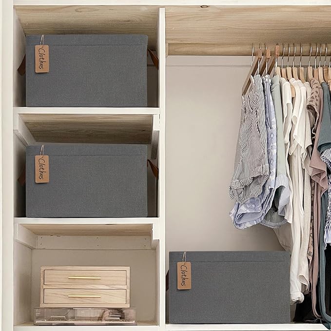 CHICVITA 20L Fabric Storage Baskets for Shelves, Metal Frame, 2-Pack, Grey | 14 ¾" L x 10 ¼" W x 8 ¼" H, Leather Handles, Clothes, Towels & Shoes Storage, Closet, Bedroom & Entryway Organization