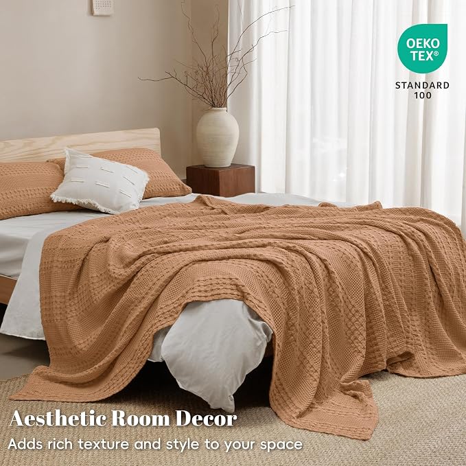PHF 100% Cotton Waffle Weave Blanket King Size, Lightweight Breathable Summer Blanket for Hot Sleepers, Pre-Washed Soft Layer for Bed, Couch, Home Decor Gift, 108"x90", Clay