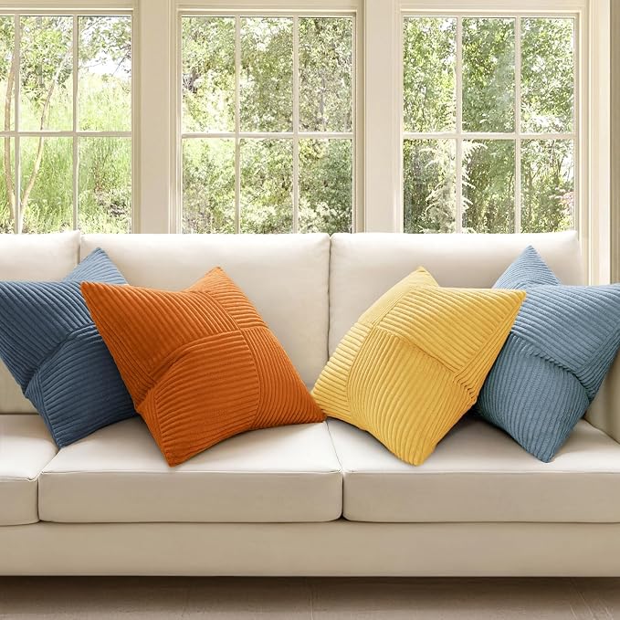 MIULEE Summer Yellow Blue Decorative Throw Pillow Covers 18x18 Inch Set of 4 Soft Corduroy Boho Patchwork Pillow Covers Modern Farmhouse Bright Home Decor for Sofa Living Room Couch Bed