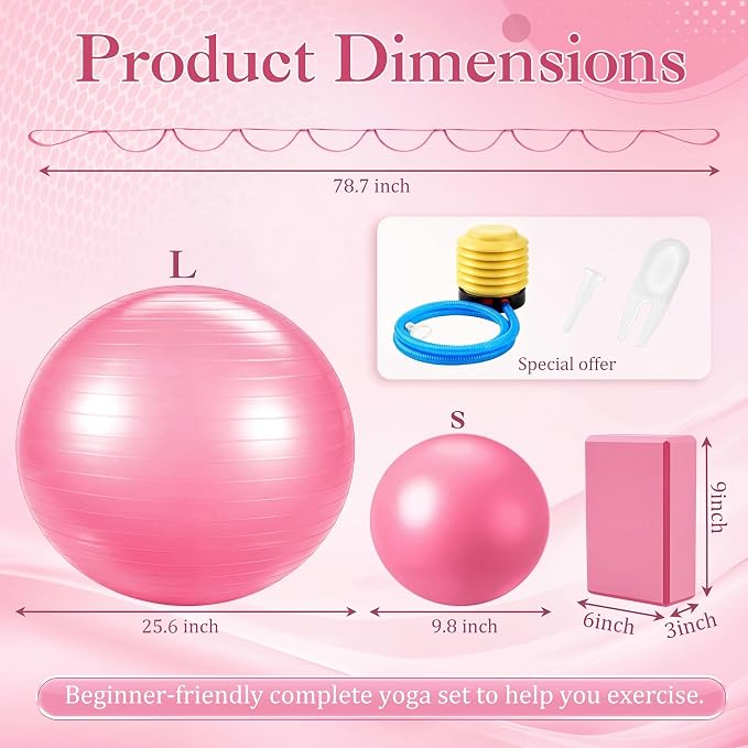 Pilates Set with 2 Yoga Exercise Balls (25.6”&9.8”), Yoga Block, Stretch Strap & Foot Pump, Stability Fitness Ball Kit for Home Gym Equipment Workout Pregnancy Physical Therapy