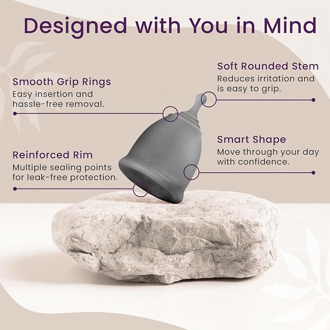 EcoBlossom Reusable Menstrual Cup and Case - The Most Reliable Medical Grade Silicone Period Cups - Comfortably use for 12 Hours (Large (Pack of 2), Gray Cup & Case)