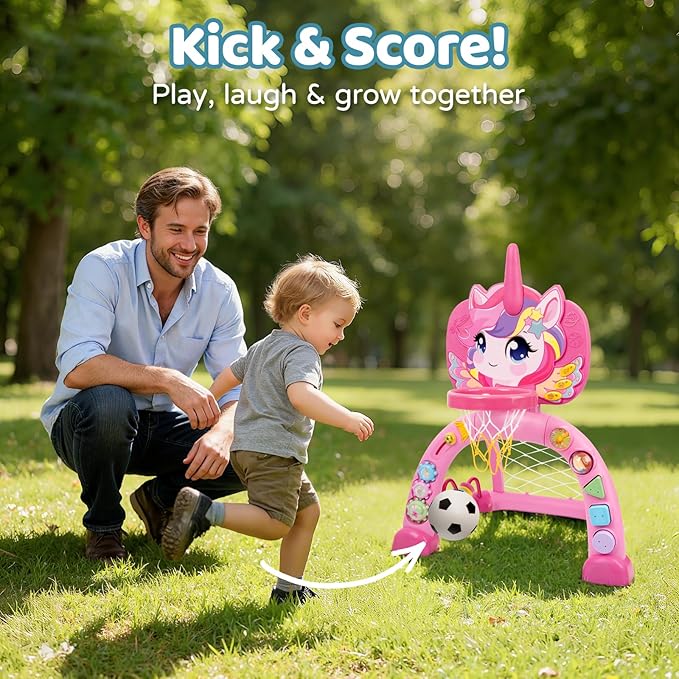 Fabeto Basketball Hoop & Soccer Goal for Toddlers – 3-in-1 Sports Play Set with Ring Toss | Indoor Outdoor Activity Toy for 1 2 3 Year Old Boys | Birthday for Active Play (Pink)