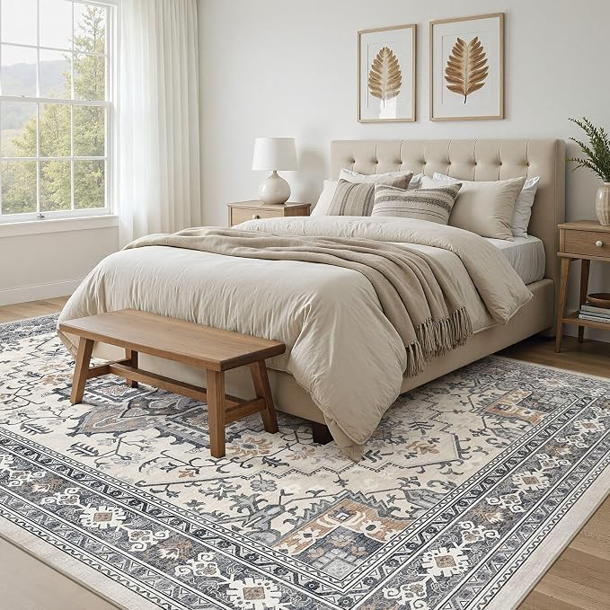 UERMEI 8x10 Area Rug Living Room Rugs - Washable Vintage Soft Large Rug Indoor Floor No Slip Rug Carpet for Bedroom Farmhouse Under Dining Table Home Office Decor - Grey-Orange