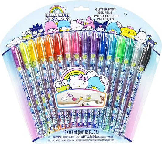 Townley Girl Hello Kitty and Friends 16 Piece Glitter Pen Body Art Set, Glittery and Bright Colors, Ages 3