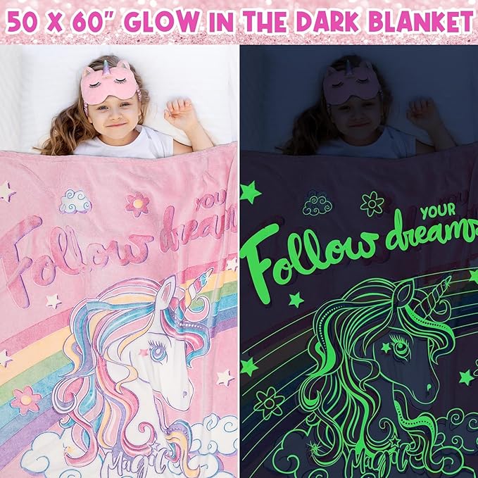 9PCS Unicorn Gifts for Girls Age 4-6 6-8, Toddler Girl Toys with Unicorn Glow in The Dark Blanket Crossbody Purse Kids Christmas Birthday Gifts Toys for 3 4 5 6 7 8+ Year Old Teen Girls Daughter Niece