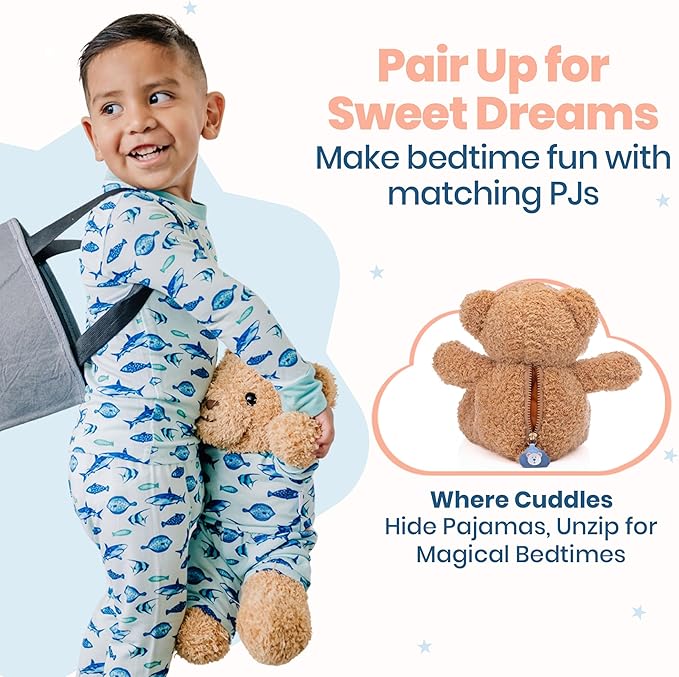 Zip N' Bear Soft Plush Teddy Bear Stuffed Animal with Fin Frenzy Pajamas - Zippy The Bear Cute Cuddly Plush Toy, Perfect Sensory Teddy for Kids, Toddlers - Adorable Gift & Bedtime Companion