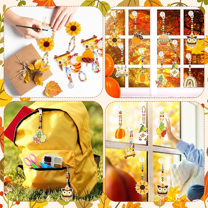 30 Sets Thanksgiving Day Fall Suncatchers Window Art Kits, Autumn Leaf Pumpkin Acorn DIY Sun Catchers Crafts Bulk Window Paint Art Ornaments for Classroom Home Party Activity (Autumn Style)