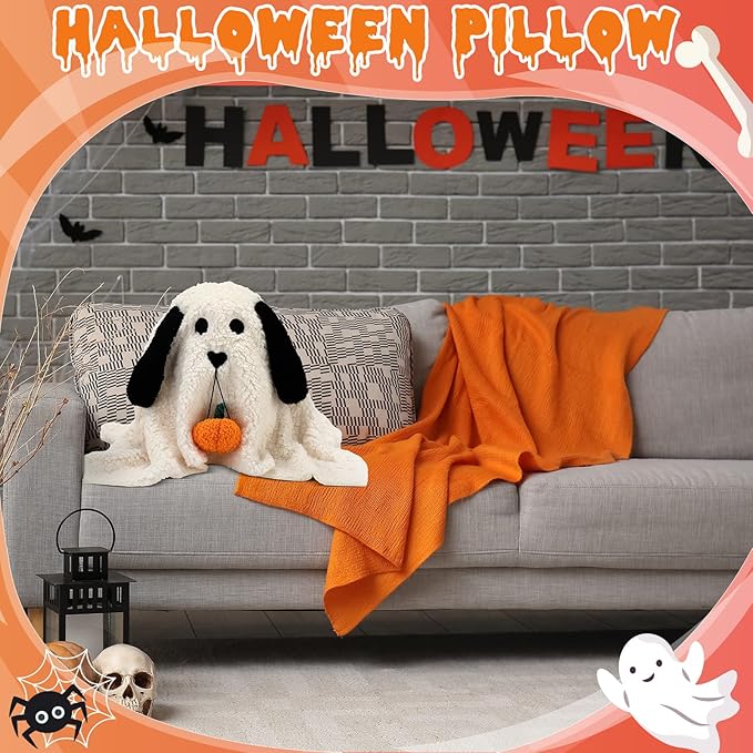 11.8 Inch Halloween Dog Ghost Shaped Throw Pillow with Pumpkin Toy Ghost Plush Pillow Cute Spooky Stuffed Animal Soft Halloween Party Decoration for Couch Sofa Home Decor