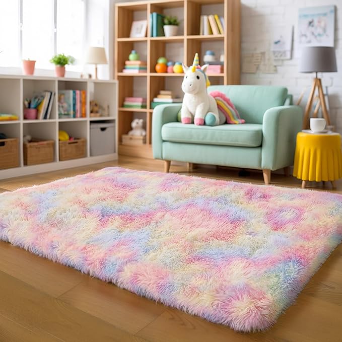 6x9 Thick Unicorn Rug for Girls Bedroom, Rainbow Plush Shag Carpet | Pastel Area Rug for Living Room, Nursery, Kids Dorm Room, Washable Non Slip Shag Carpet