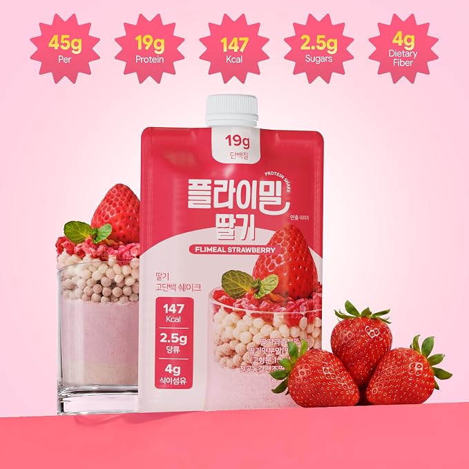 Flimeal Strawberry Protein Shake, With Crunchy Protein Balls, Protein Smoothie Powder - 19g Protein, Low Sugar, Keto-Friendly Meal Replacement Shake, 1.59oz, 7packs, 7 Servings (7 Packs X 1.59 oz)
