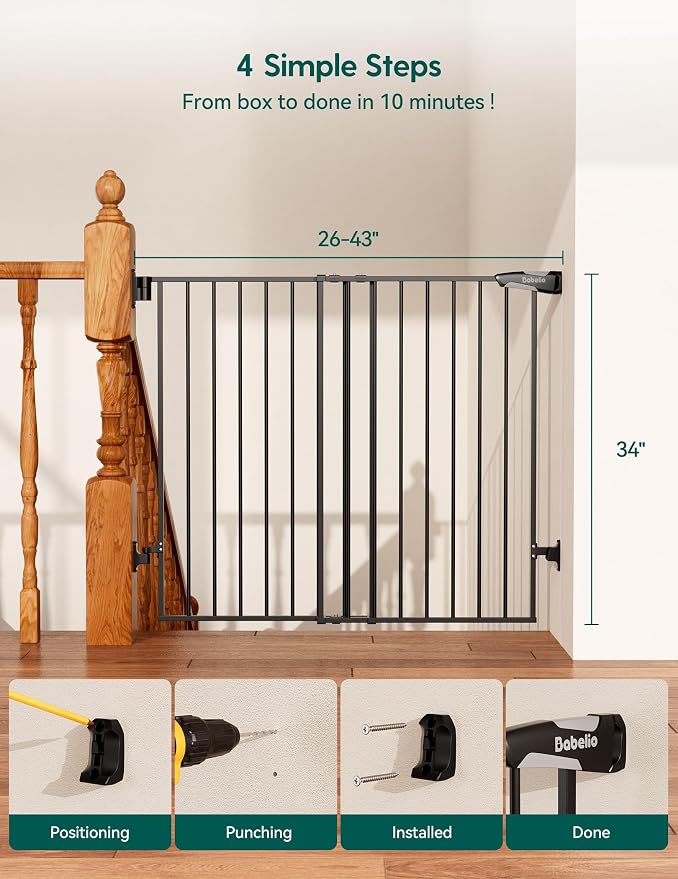Babelio Baby Gate for Stairs, Kitchen & Doorways, No Bottom Bar| Easy Install| One-Handed Operation| Auto-Close| Hardware Mount Safety Dog Gate (Black - B17, 34" H, 26-43" W-Standard 2 Pcs)
