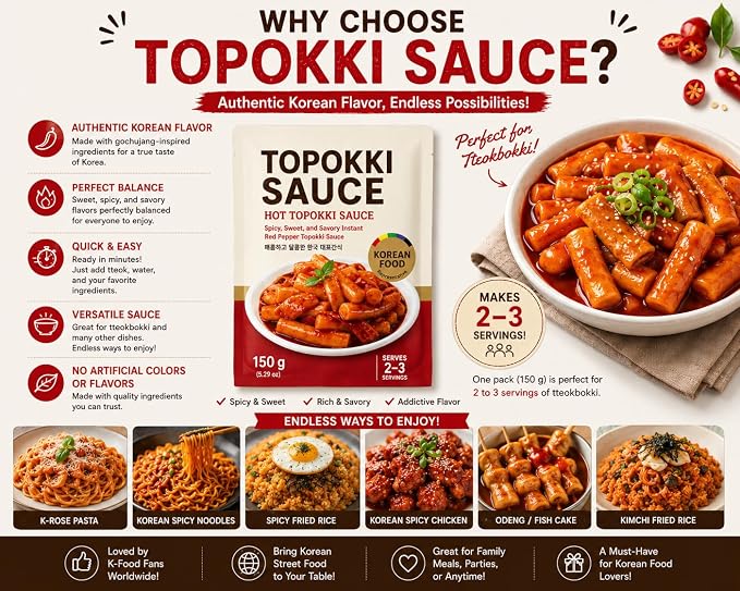 Korean Tteokbokki Sauce 5.29 oz (150g) – Sweet & Spicy Korean Rice Cake Sauce, Gochujang Style Topokki Sauce for Kimchi Fried Rice, Korean Street Food, Ramen, Noodles & Stir Fry