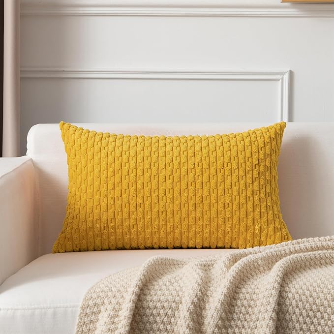 Kevin Textile Soft Corduroy 14"x22" Pillow Cover 1 Pack, Mustard Yellow | Boho Stripe Plush Corduroy Decorative Oblong Cushion Cover Modern Farmhouse Home Decor for Sofa Couch Bed Chair