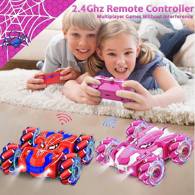 Remote Control Car for Girls, Rechargeable RC Cars Toys with Cool Lights, 2.4Ghz Double Sided Drift RC Stunt Cars, 360°Rotating 4WD Off-Road Race Car for 4-6 6-12 Girl Kids Gifts
