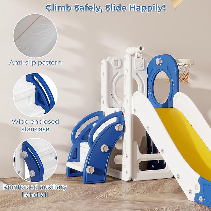 NYEEKOY Toddler Slide,6 in 1 Indoor Slide for Toddlers 1-3, Freestanding Slides for Kids with Basketball Hoop, Telescope, Storage, Playground Slide and Climber Playset for Outdoor Backyard, Blue