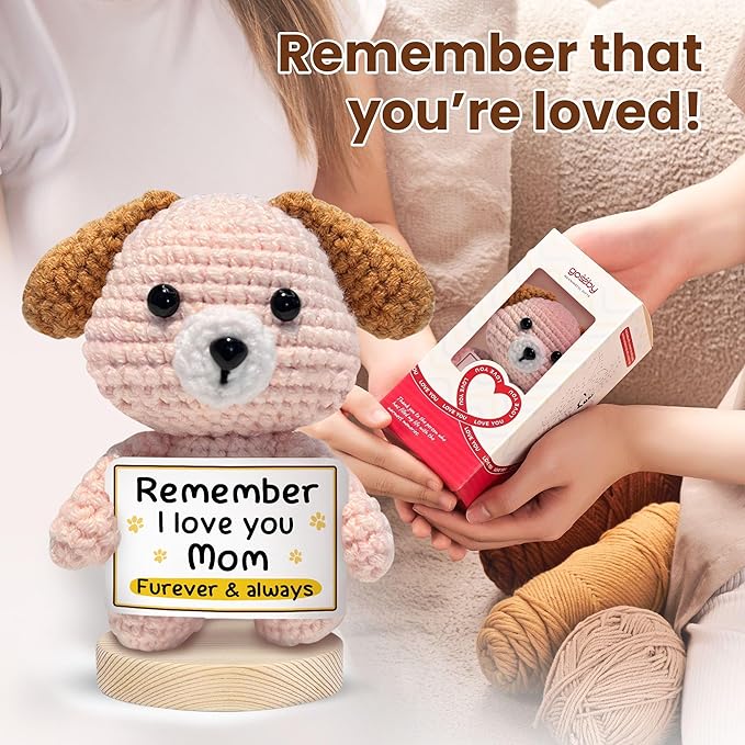 Gossby Handmade Positive Dog Crochet with Message - Gift for Mom - I Love You FUREVER & Always - Mom Gifts from Daughter, Son, Kid - Mothers Day, Christmas, Birthday Gift - Knitted Decor