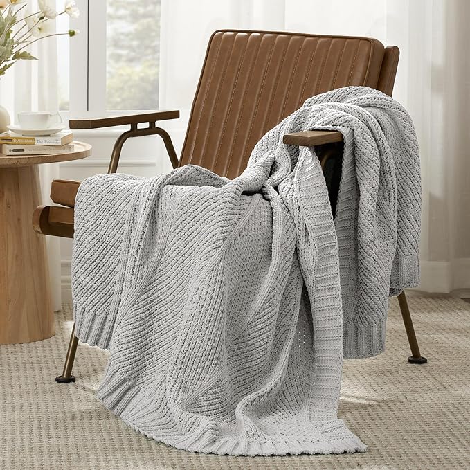 Knit Throw Blanket, Soft Chenille Cozy Breathable Chevron Chunky Decorative Blanket for Couch, Bed & Sofa, French-Inspired Lightweight Warm Gift for Women, Light Gray, 60"x80"