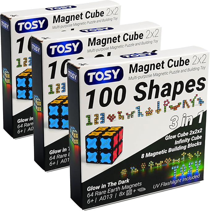 TOSY Magnet Cube 2x2 - 8 Blocks, 2 in 1 Toy: 2x2x2 Puzzle Cube and Customizable Infinity Cube, Glowing, UV Flashlight, Fidget/STEM/STEAM Magnet Tiles Birthday Gift for Kids/Teens/Adults, 2-Pack