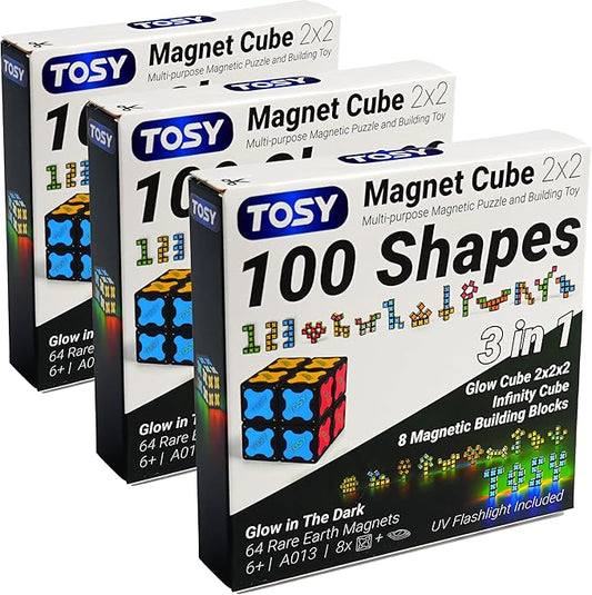 TOSY Magnet Cube 2x2 - 8 Blocks, 2 in 1 Toy: 2x2x2 Puzzle Cube and Customizable Infinity Cube, Glowing, UV Flashlight, Fidget/STEM/STEAM Magnet Tiles Birthday Gift for Kids/Teens/Adults, 2-Pack