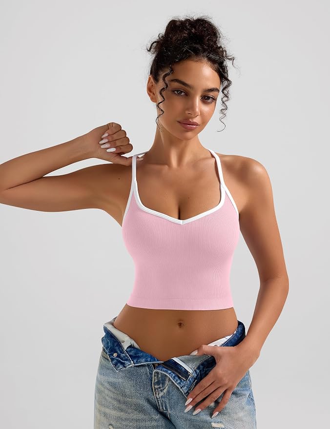 OLCHEE Womens 3PK Crop Tank Tops Seamless Ribbed Sweetheart Neck Racerback Spaghetti Straps Contrast Trim Workout Yoga Cami