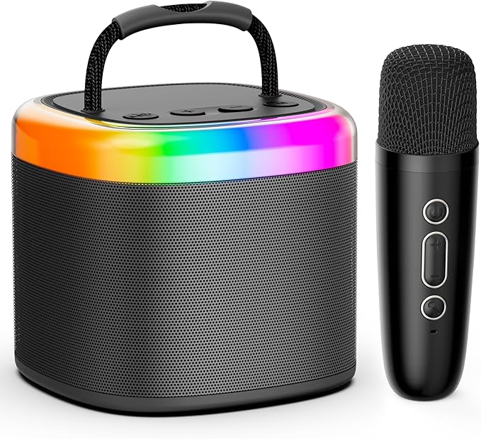 JYX Mini Karaoke Machine for Kids - Black Bluetooth Speaker Unpowered Cabinets with Party Lights and 1 Wireless Microphone, Great for Adults, Ideal for Family Home Parties and Birthday Gifts