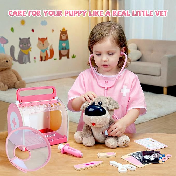 Interactive Vet Play Set, Toy Veterinarian Kit for Kids,Pretend Pet Doctor Set with Electronic Dog and Dress Up Costume Playset for Toddler Girls 3-5 Gifts