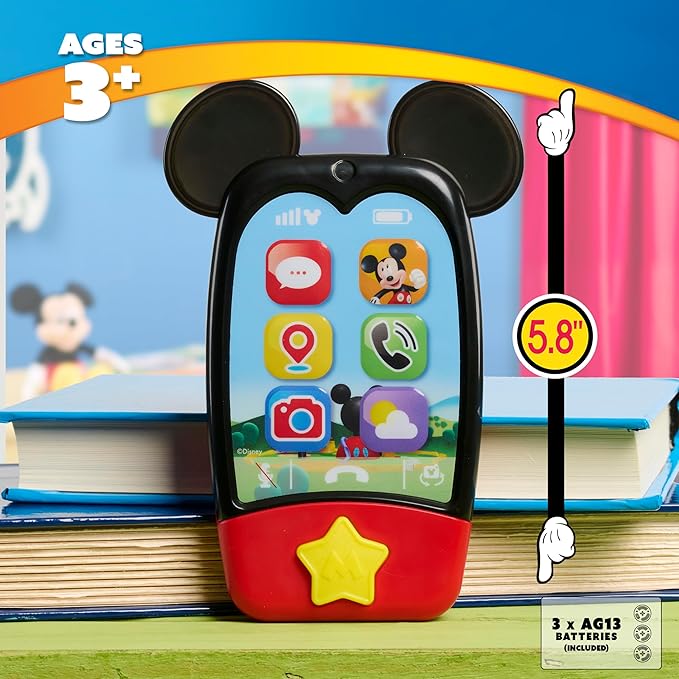 Disney Jr. Mickey Mouse Clubhouse 6-inch Mobile Phone with Lights and Sounds, Pretend Play Touchscreen Cell Phone for Kids, Travel Toy for Fans, Boys, Kids, Ages 3 and Up by Just Play