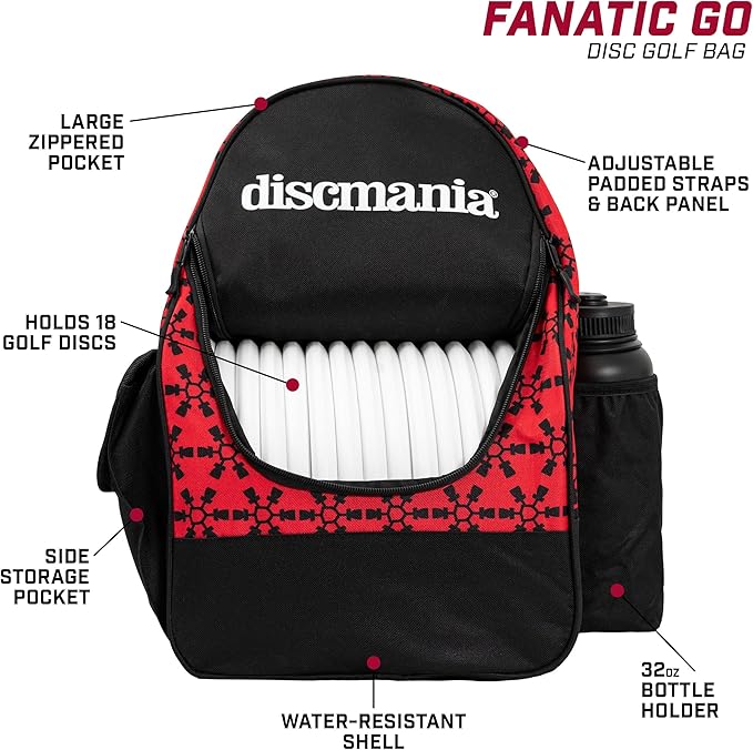 Discmania Fanatic Go Disc Golf Backpack | 18 Capacity + Top Pocket for 2 Putters | Lightweight, Durable Disc Golf Bag | Tall Side Pocket, Bottle Holder | Padded Straps & Water-Resistant Shell