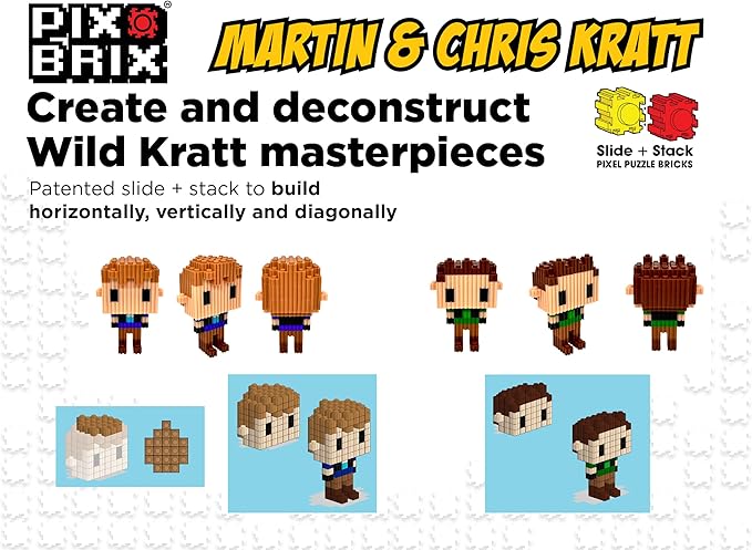 Pix Brix - Wild Kratts Toy Pixel Art Kit - Kratt Brothers Figures, 329 Pieces - Patented Slide + Stack Pixel Puzzle Building Bricks, Create Martin & Chris Figures - Stem Toys, Ages 6 Plus