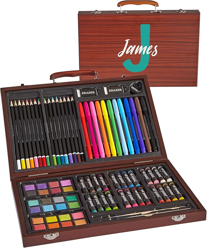 Let's Make Memories Personalized 80-Piece Deluxe Art Set - for Kids - Wood Carrying Case - Oil Crayons, Colored Pencils, Watercolors - Arts & Crafts - Palette Design - Initial and Name