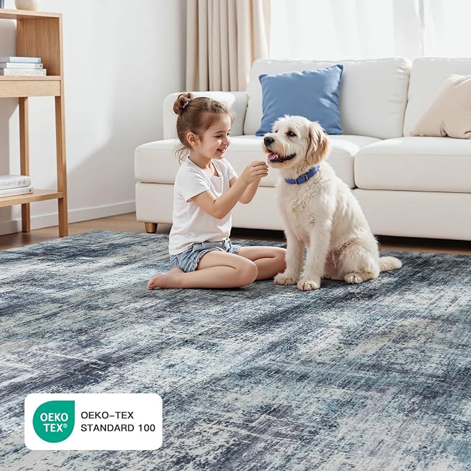 Lofus 5x7 Area Rug for Living Room, Abstract Washable Non-Slip Rugs, Blue | Soft Neutral Carpet for Bedroom, Dining Room, Home Office Nursery Indoor, Stain Resistant, Non-Slip, Low Pile Modern Rug