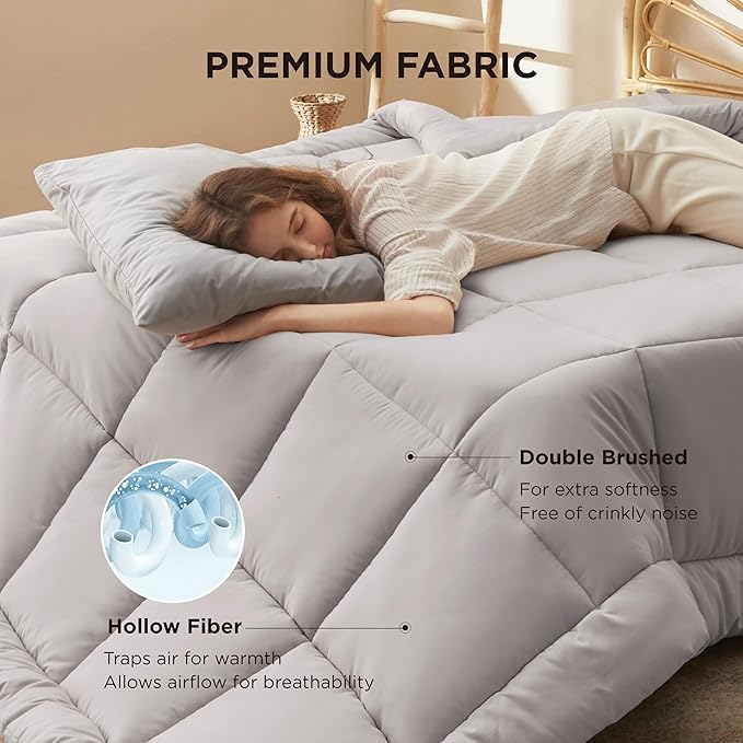 Bedsure Comforter Duvet Insert - Quilted Comforters Full Size, All Season Duvet, GentleSoft Down Alternative Bedding, with 8 Tabs, Gifts for Women/Men, Light Grey, Full 86 x 82 Inches