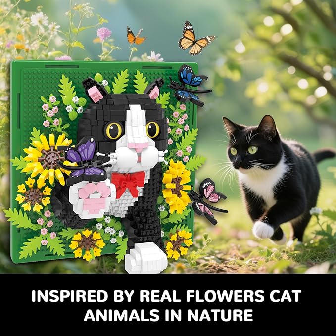 Flowers Cat Animal 3D Wall Art Micro Mini Building Blocks Set, Unique Home Wall Decor or Table Display, No Compatible with Lego Set, Ideal Gift Toy for Adults Boys Girls (1402 PCS)