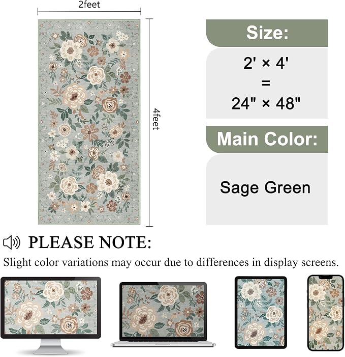 DUKINO 2x4 Entryway Rug, Floral Washable Kitchen Rugs Non Slip, Sage Green | Low Pile, Soft Indoor Runner Rug for Hallway, Bedroom, Bathroom, Laundry, Pet Friendly, Modern Home Decor, Stain Resistant