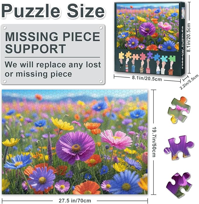 Jigsaw Puzzle 1000 Pieces for Adults, Colorful Meadow of Flowers Adult Jigsaw Puzzles, Flowers 1000 Piece Jigsaw Puzzle Challenging Game Toys, Finished Size 19.5 x 27.5 Inch